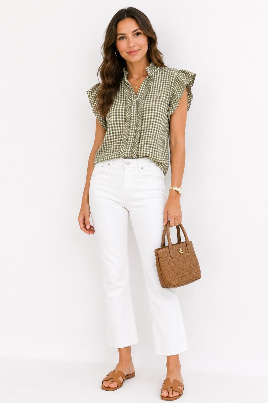 Veronica Beard Tenille Olive Gingham Ruffle Sleeve Blouse Large Cotton Fall Top